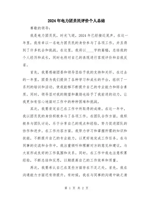 2024年电力团员民评价个人总结