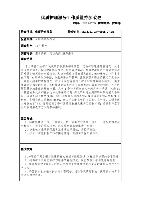 优质护理服务工作质量持续改进