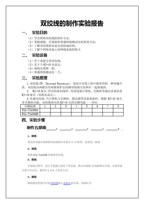 双绞线制作实验报告