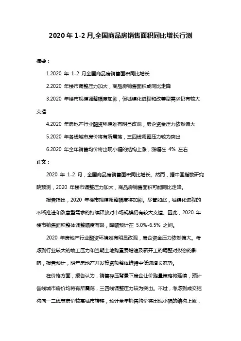 2020年1-2月,全国商品房销售面积同比增长行测