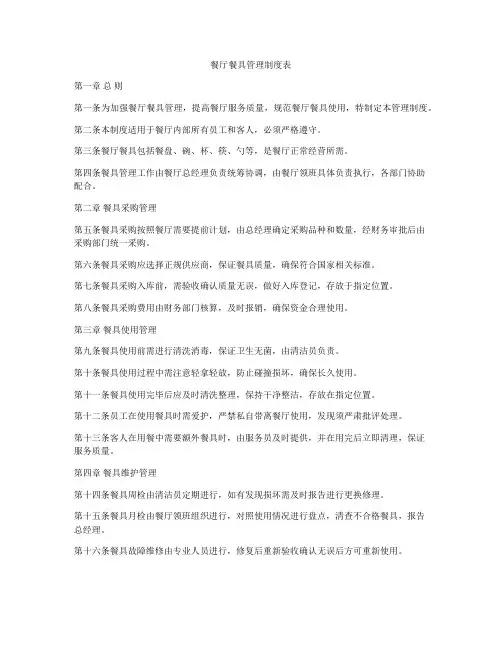 餐厅餐具管理制度表