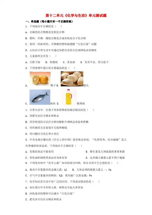 九年级化学下册 第十二单元《化学与生活》单元测试题1(含解析)(新版)新人教版