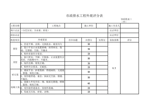 市政排水工程外观评分表 表格 XLS格式 