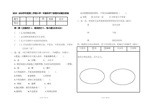 教科版一年级科学下册2018--2019学年度第二学期期末试题及答案