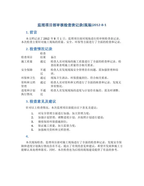 监理项目部审核检查表记录(现场)2012-8-1