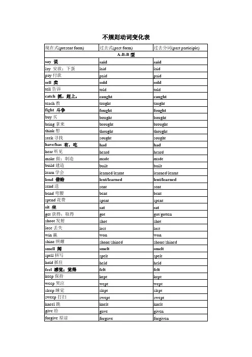 不规则动词变化表