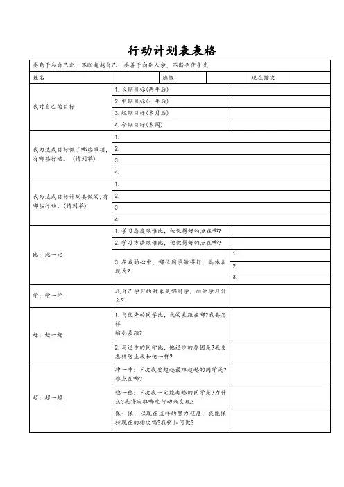 行动计划表表格
