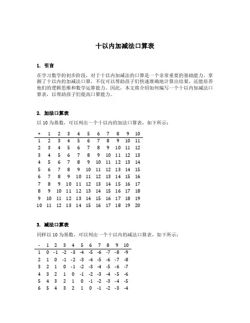 十以内加减法口算表