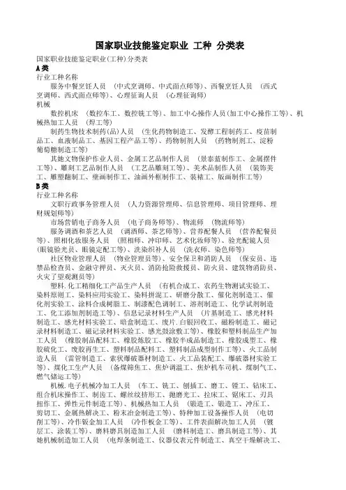 2022年新版国家职业技能鉴定职业工种分类表