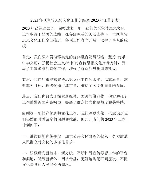 2023年区宣传思想文化工作总结及2023年工作计划