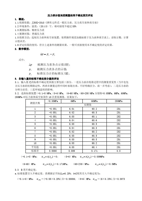 一般压力表和真空表测量不确定度评定报告