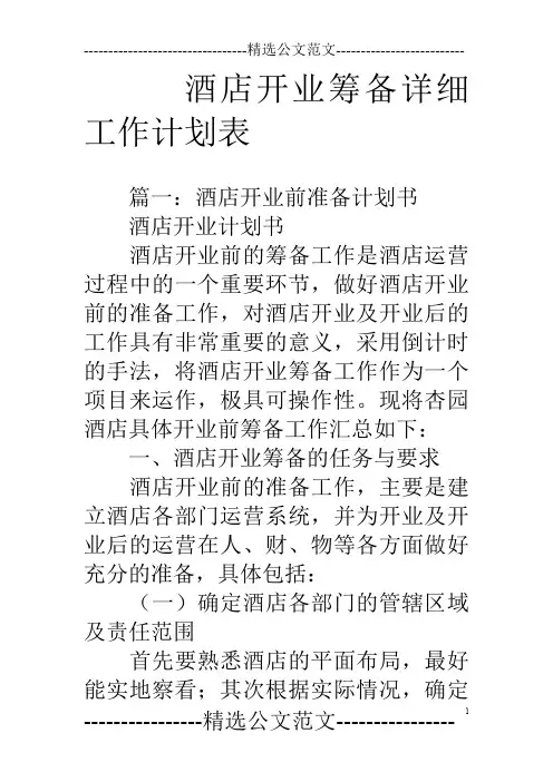 酒店开业筹备详细工作计划表