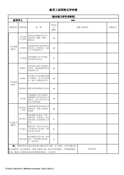 新员工试用转正评审表