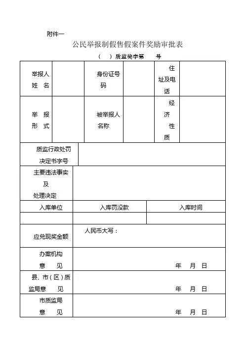 公民举报制假售假案件奖励审批表