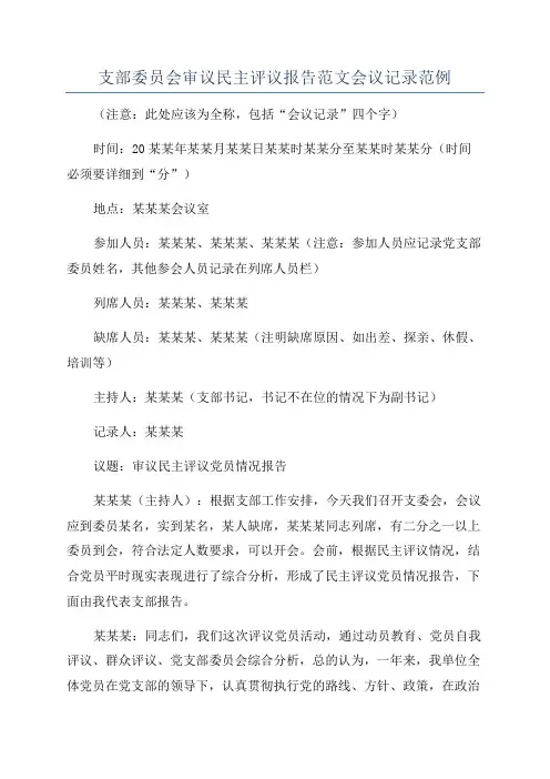 支部委员会审议民主评议报告范文会议记录范例