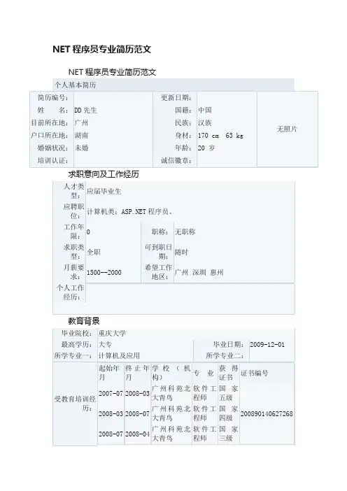NET程序员专业简历范文