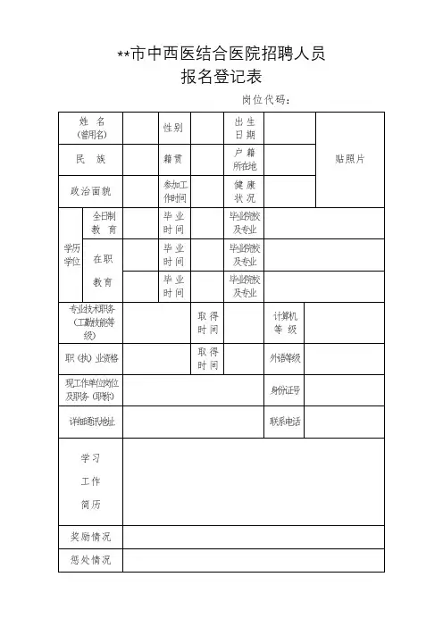 XX市中西医结合医院招聘人员报名登记表【模板】