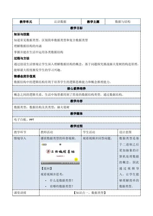 教科版 教育科学出版社 高中信息技术 必修一 3.2 数据与结构 教案