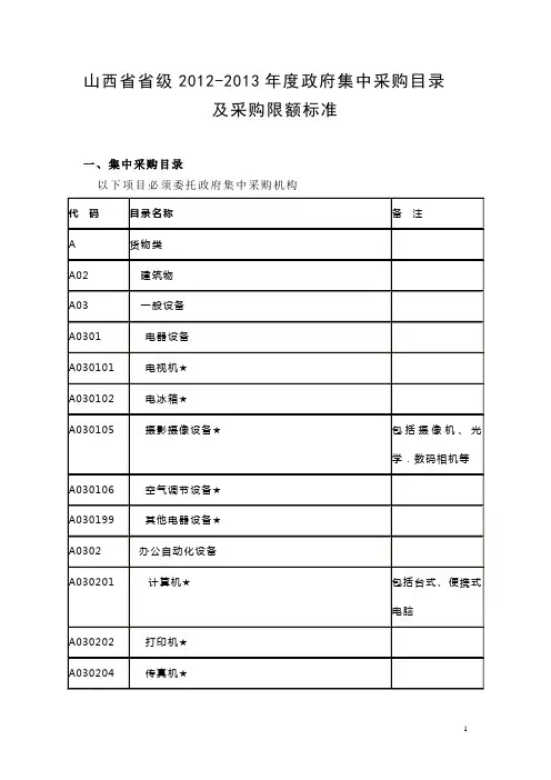 山西省省级2012-2013年度政府集中采购目录及采购限额标准