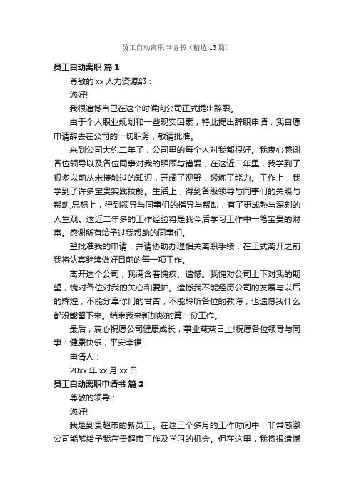 员工自动离职申请书（精选13篇）