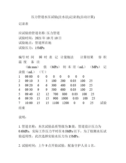 压力管道水压试验(注水法)记录表(自动计算)