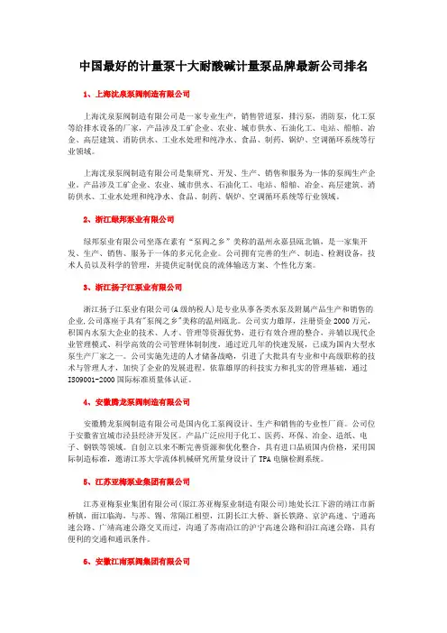 中国最好的计量泵十大耐酸碱计量泵品牌最新公司排名