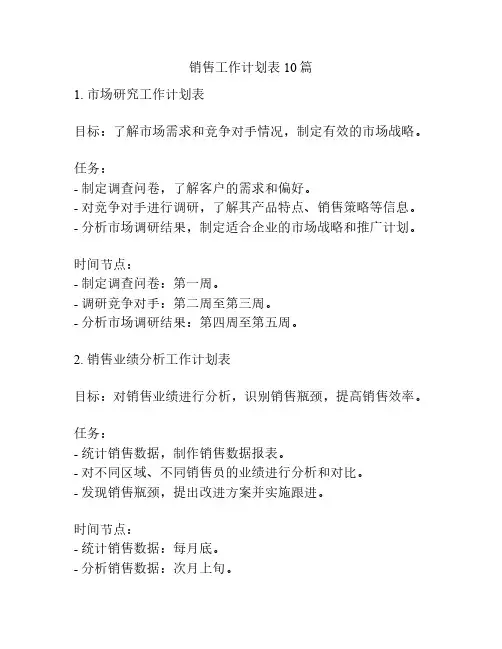 销售工作计划表10篇