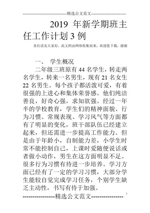 2019年新学期班主任工作计划3例