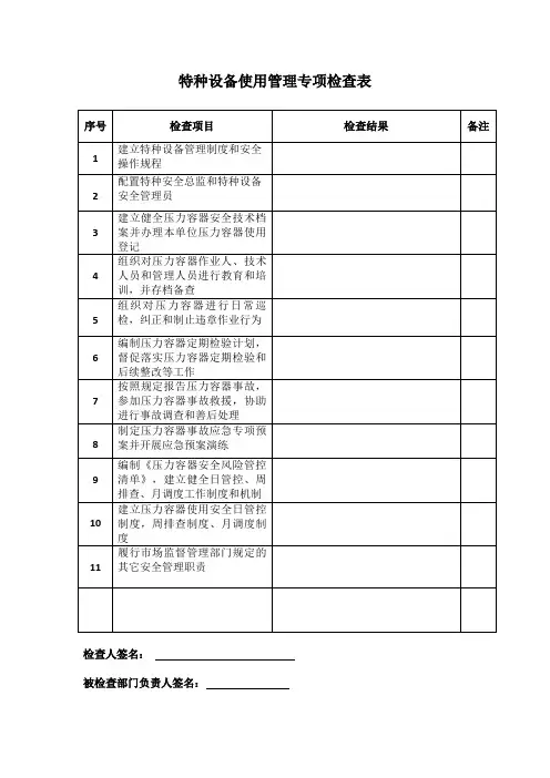 特种设备管理检查表