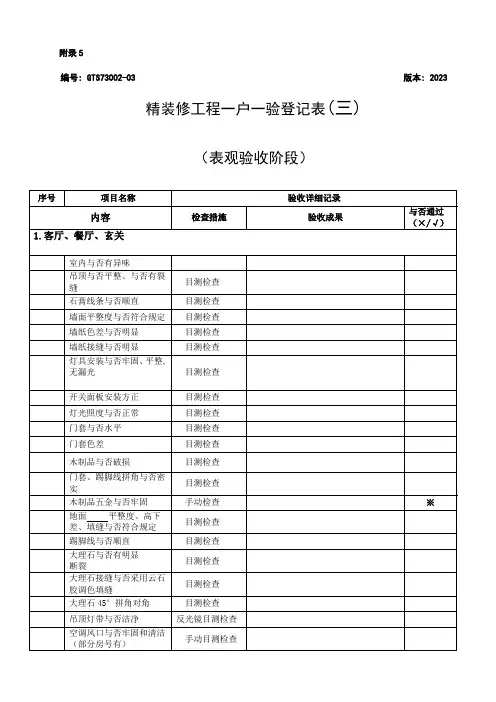 精装修项目一户一验记录表三表观验收阶段