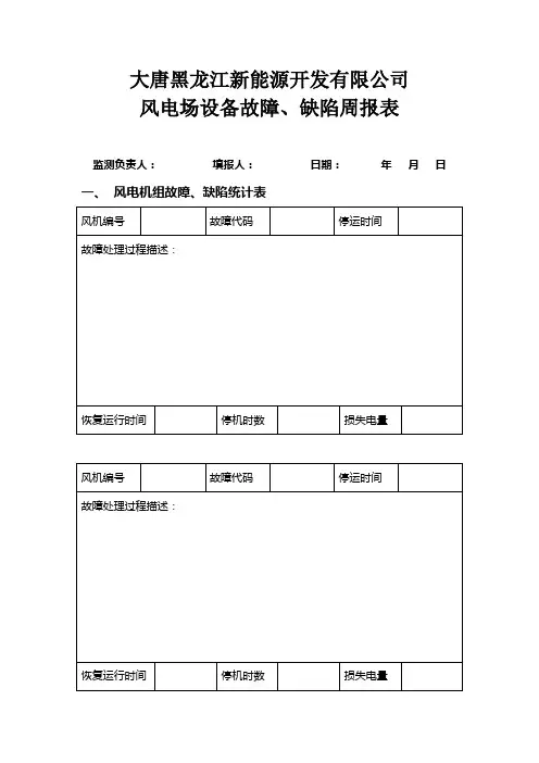 风电公司风电场故障、缺陷统计周报表(样表)