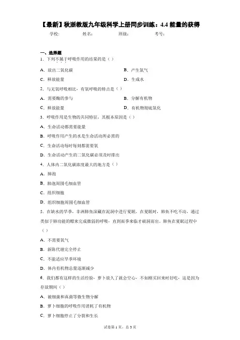 2021年秋浙教版九年级科学上册同步训练：4.4能量的获得