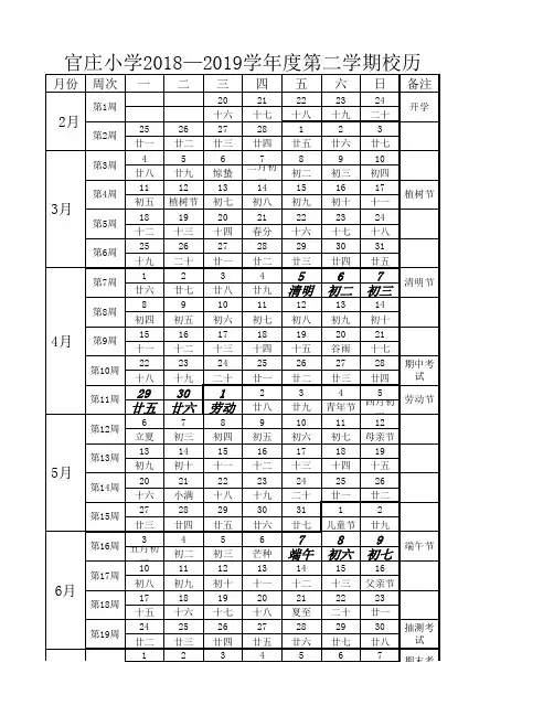 2018—2019学年度第二学期校历表
