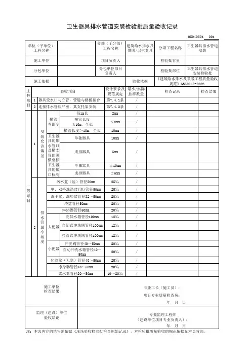 卫生器具排水管道安装检验批质量验收记录