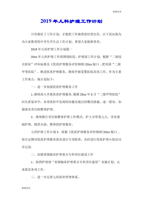 2019年儿科护理工作计划.doc