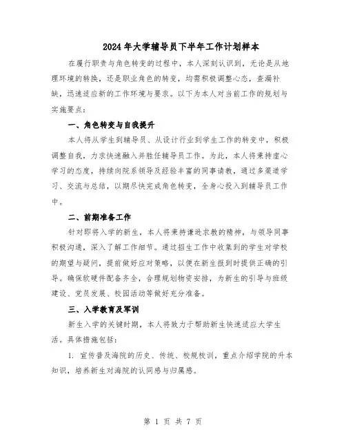2024年大学辅导员下半年工作计划样本（3篇）