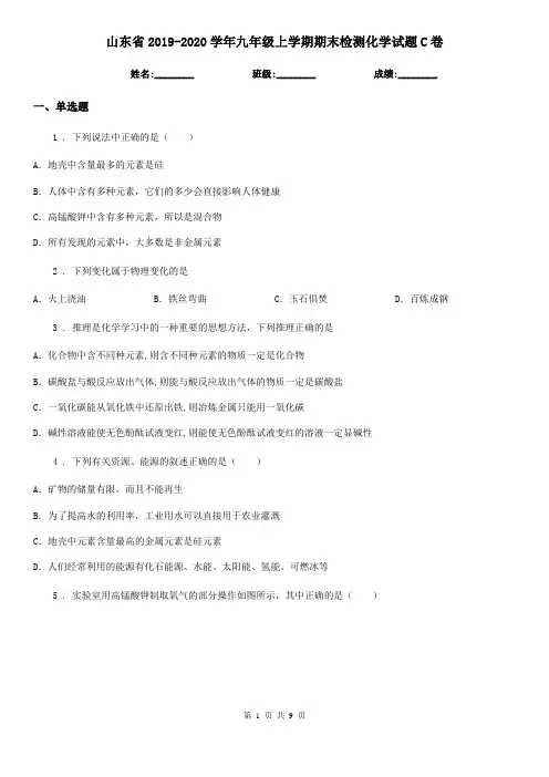 山东省2019-2020学年九年级上学期期末检测化学试题C卷
