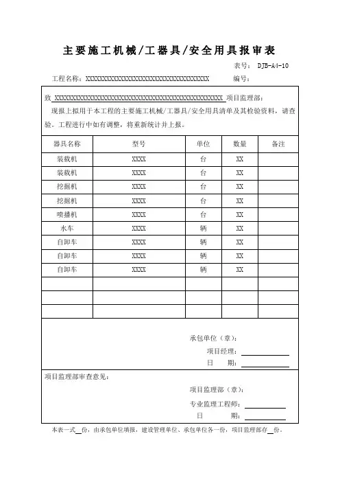 主要施工机械工器具安全用具报审表(通用模板)