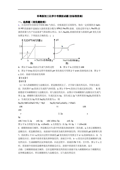 科粤版初三化学中考模拟试题(含标准答案)