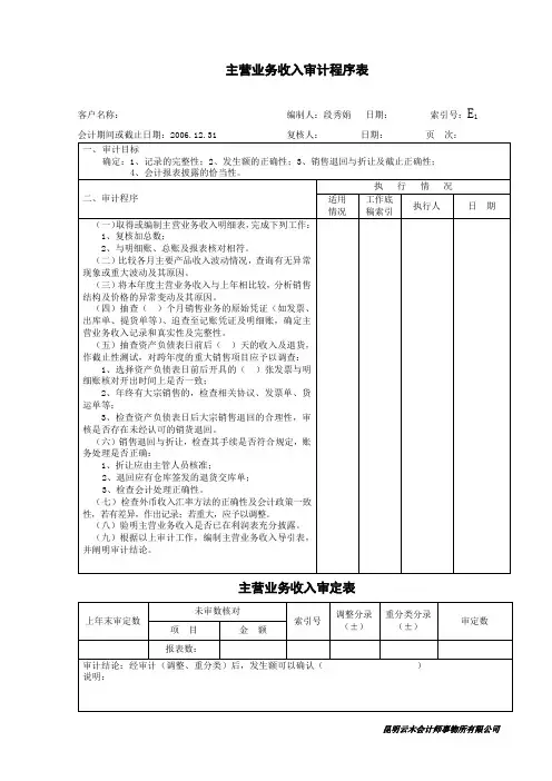 510主营业务收入审计程序表及审定表