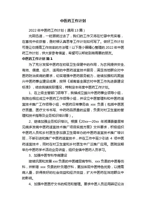 2022年中医药工作计划（通用13篇）