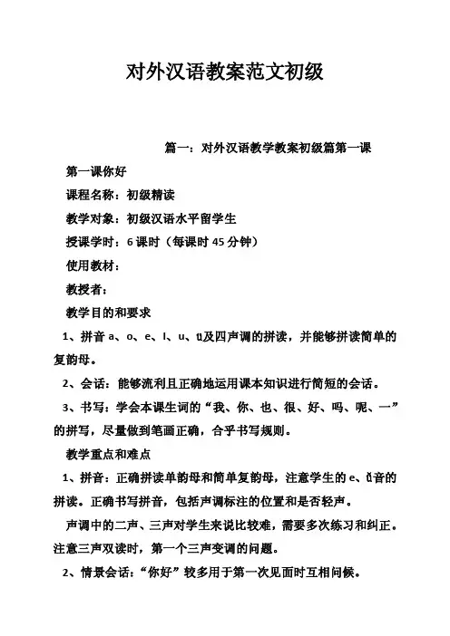 对外汉语教案范文初级