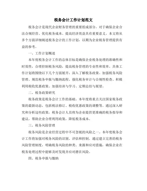 税务会计工作计划范文