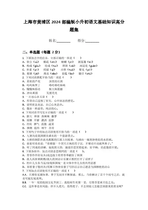 上海市黄浦区2024部编版小升初语文基础知识高分题集