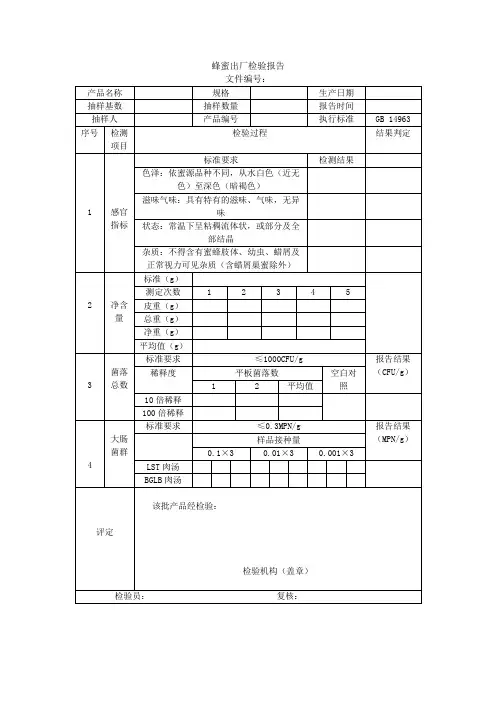 蜂蜜出厂检验报告样本