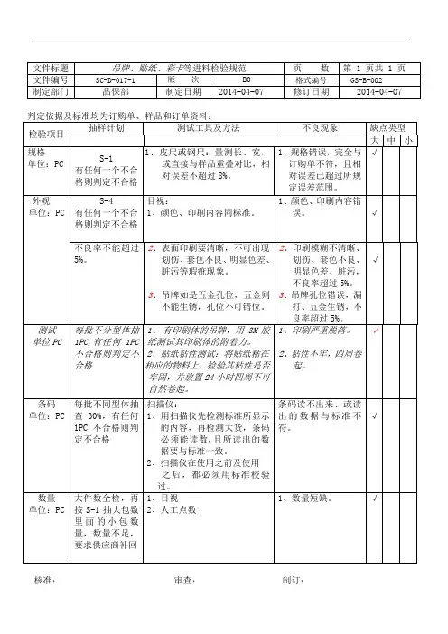 吊牌、贴纸、彩卡等进料检验规范