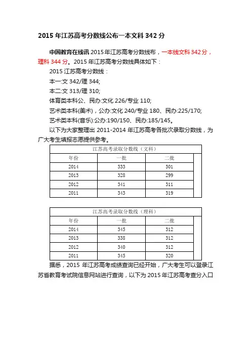 2015年江苏高考分数线公布一本文科342分
