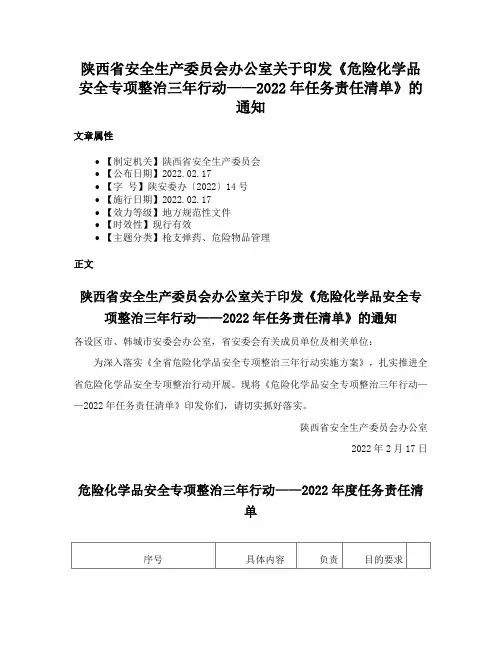 陕西省安全生产委员会办公室关于印发《危险化学品安全专项整治三年行动——2022年任务责任清单》的通知
