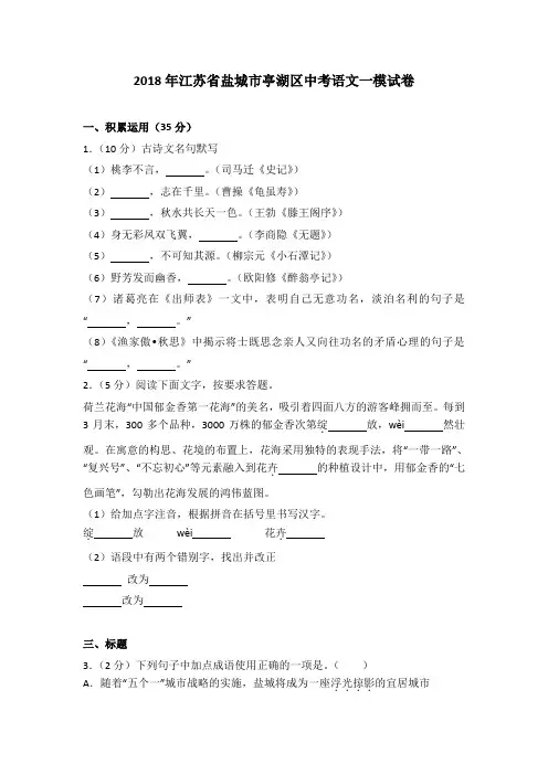 2018年江苏省盐城市亭湖区中考语文一模试卷含答案