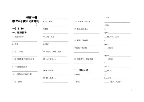 初升高英语衔接250个核心词练习题(含答案)